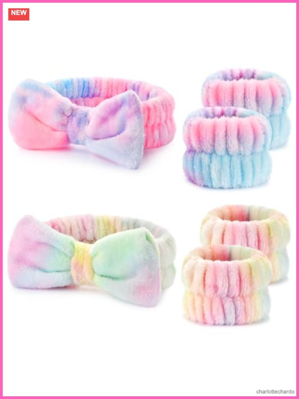 Spa Headband and Wristband Set - Coral Fleece Bow Hair Accessories for Face
